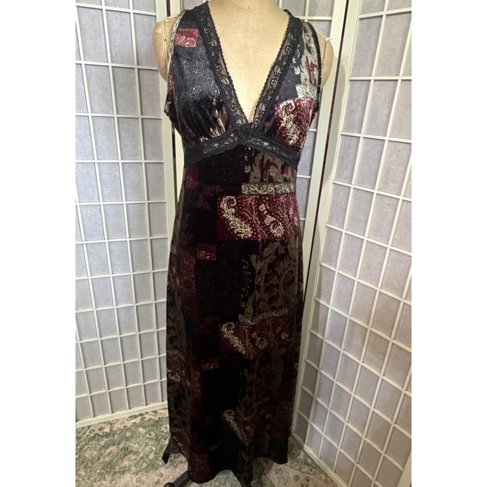 Earthbound Whimsigoth Velvet Paisley Patchwork Lace Goth Maxi Dress Medium